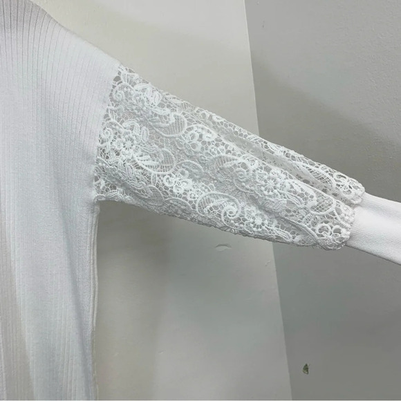 Coco Bleu Open White TiB Knit Cardigan Medium Crochet Puff Sleeve Knit Stretch - Picture 3 of 10